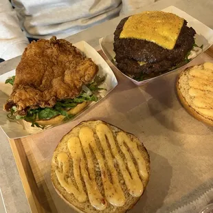 Chicken and a double cheeseburger