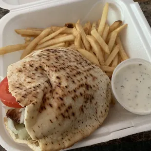 a sandwich and french fries in a styrofoam container