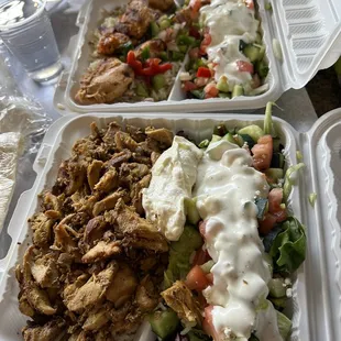 Shawarma chicken and rice plate and chicken kabob and rice plate
