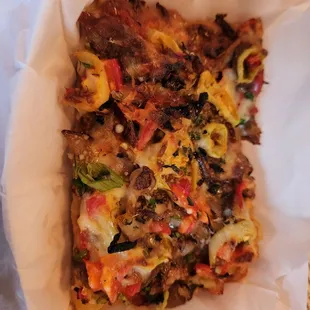 Sausage,  Banana Peppers,  cipollini onions, and red pepper