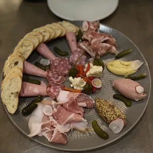 Charcuterie Board - Cured Meats - Duck Liver Mousse - Mustards - Jardinière - Sliced Baguette $29