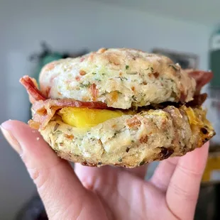 Egg bacon cheese on herbed biscuit