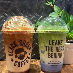 Iced gingerbread latte, blueberry matcha