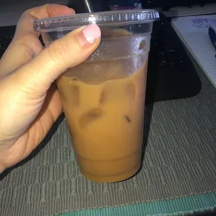Medium iced vanilla latte with almond milk