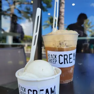 (Left to Right): one scoop of Sugar Daddy Got That Dough and a root beer float with a scoop of Mojo Jojo
