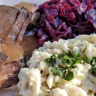 Around the World Wednesday - German Night. Braised beef, red cabbage and spatzle..