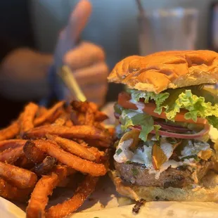 a burger and fries