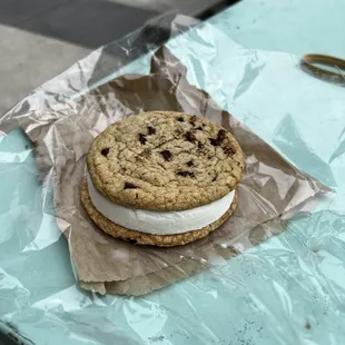 Chocolate chip cookie ice cream sandwich