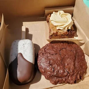 Oreo cakesicle, flourless chocolate walnut cookie, salted caramel brownie