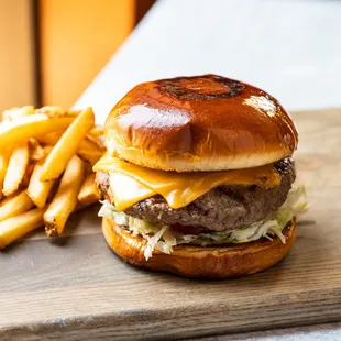 a cheeseburger and fries