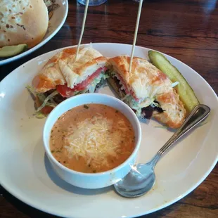 Grilled chicken croissant with tomato basil soup