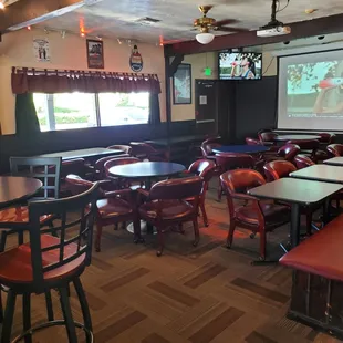 tables and chairs and a projector screen