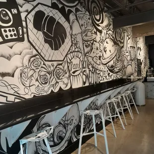 a bar with stools