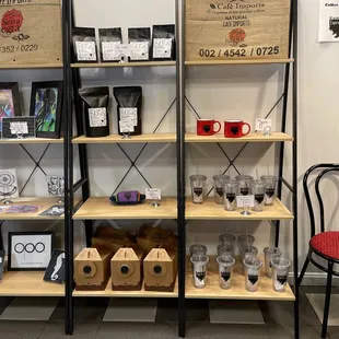 shelves of wine and glasses