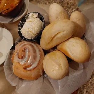 Hot rolls and cinnamon rolls with whipped butter