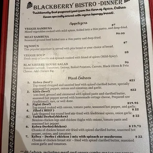 Dinner menu page 1 of 2 (10/7/22)