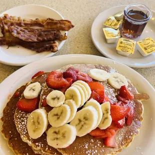 Strawberry/Banana pancakes w/ a side of bacon!