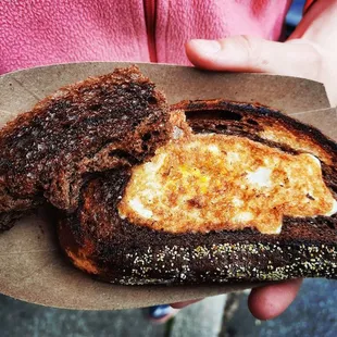 Pig in the Barn- Farm fresh egg grilled inside fresh local rye in the shape of a pig