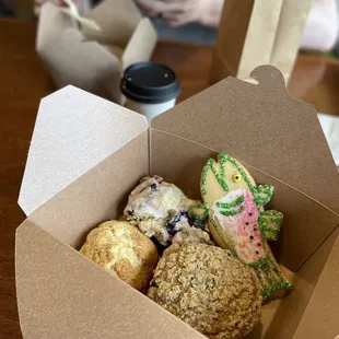 Lemon Blueberry Scone, Apricot Cream Scone, Banana Blue Berry Muffin, Trout decorated Sugar Cookie.