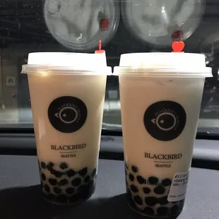 Oolong Milk Tea w/ Boba and Jasmine Milk Tea w/ Boba