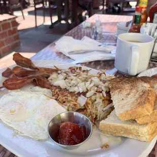 Bacon, eggs, hash browns &amp; toast
