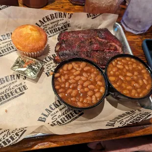 Ribs, double side of barbecue beans, and cornbread