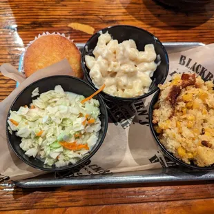 Veggie trio - Cole slaw, corn casserole, and macaroni and cheese. I added a piece of cornbread.
