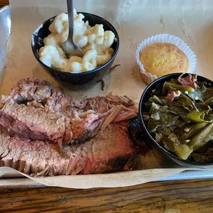 Smoked Sliced Brisket with Creamy Mac 'n' Cheese and Fresh Collard Greens