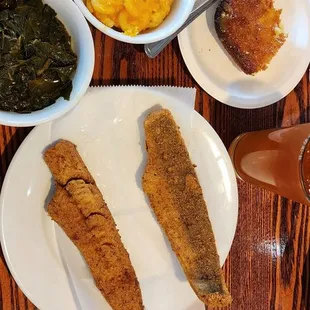 Fried whiting fish with collard greens and Mac and cheese with cornbread