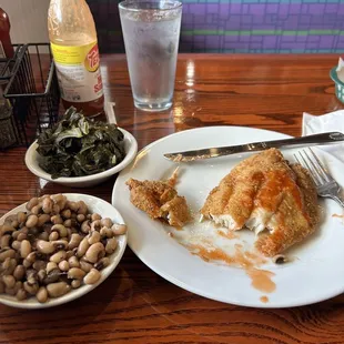 Collard greens, black eyed peas and catfish