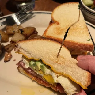 a person holding a sandwich on a plate