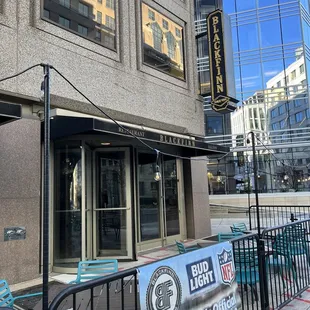 Front entrance with outdoor seating