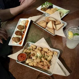 Cheese Curds, Crispy Devilled Eggs, Mediterranean Hummus Duo