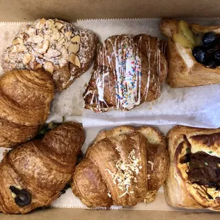 Almond, Birthday Cake, Fresh Fruit Pastry, Goat Cheese Onion Puff, Ham &amp; Cheese, Mushroom &amp; Spinach, Biscuit &amp; Gravy