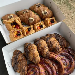 Blueberry Croissant, Chocolate Croissant, Fruit Puff Pastry, Spinach &amp; Mushroom Croissant.