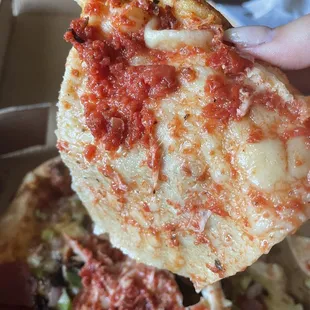 a hand holding a slice of pizza