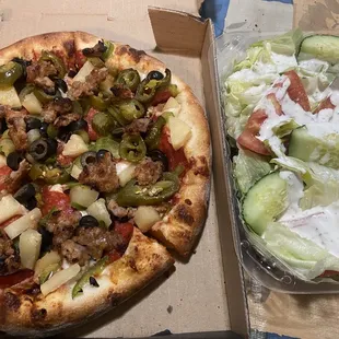 Small cheese, pepperoni, olives, bell pepper, sausage, jalapeño, and pineapple with a garden salad!!