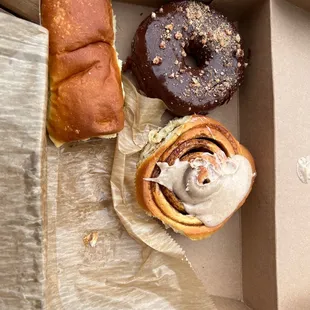 Kolaches , chocolat pecan donut and cinnamon roll