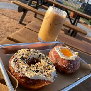 The brown bear latte (iced or hot)  The first donut is the EVERYTHING donut   The second donut is the CLASSY AF