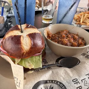 Custom beer burger with beans.