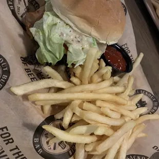 Bacon Jam Burger with fries and sriracha ketchup