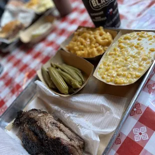 Beef Brisket with okra, creamed corn, and macaroni &amp; cheese.