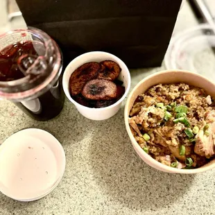 (r. to l.) Chicken Pilau, Plantains and Sorrel