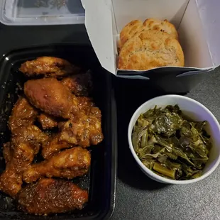 Maple mustard wings, coconut braised collard greens (wete spicy) and cast iron cornbread.