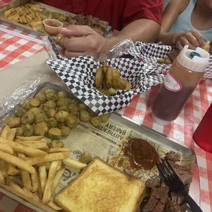 Brisket, fried okra, fries and fried pickles
