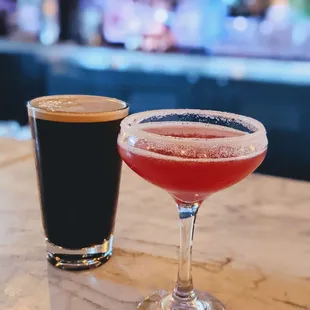 two cocktails on a bar counter