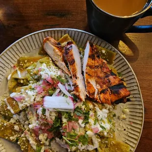 Tomatillo chilaquiles with chicken.