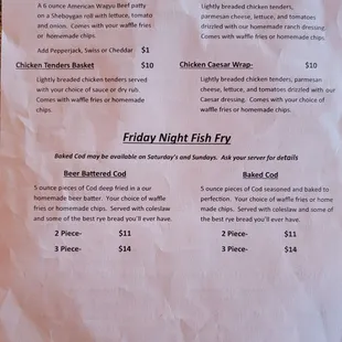 Clubhouse food menu as of 7/31/2022