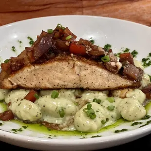 Salmon and those hard pasta things that are not dumplings lol.