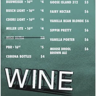 a beer menu with prices